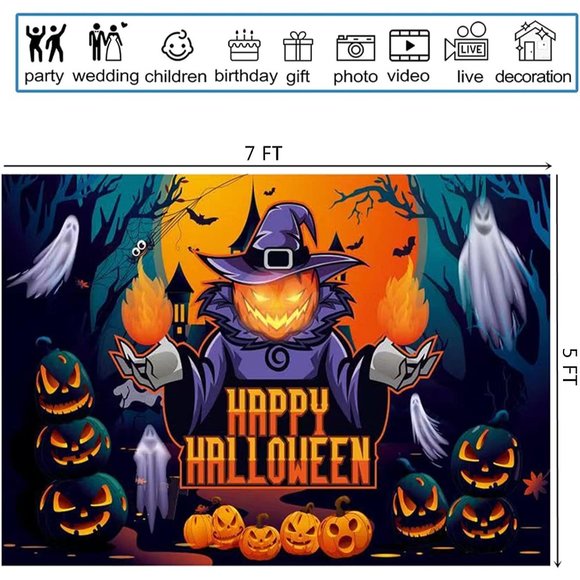 Halloween 7x5ft Horror Moon Night Scary Pumpkin Jack Lantern Backdrop Banner - Picture 6 of 6